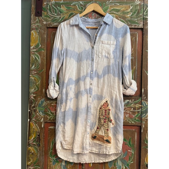 Upcycled Linen Shirt Dress Clown Patch Butterfly Back Small - Picture 6 of 10